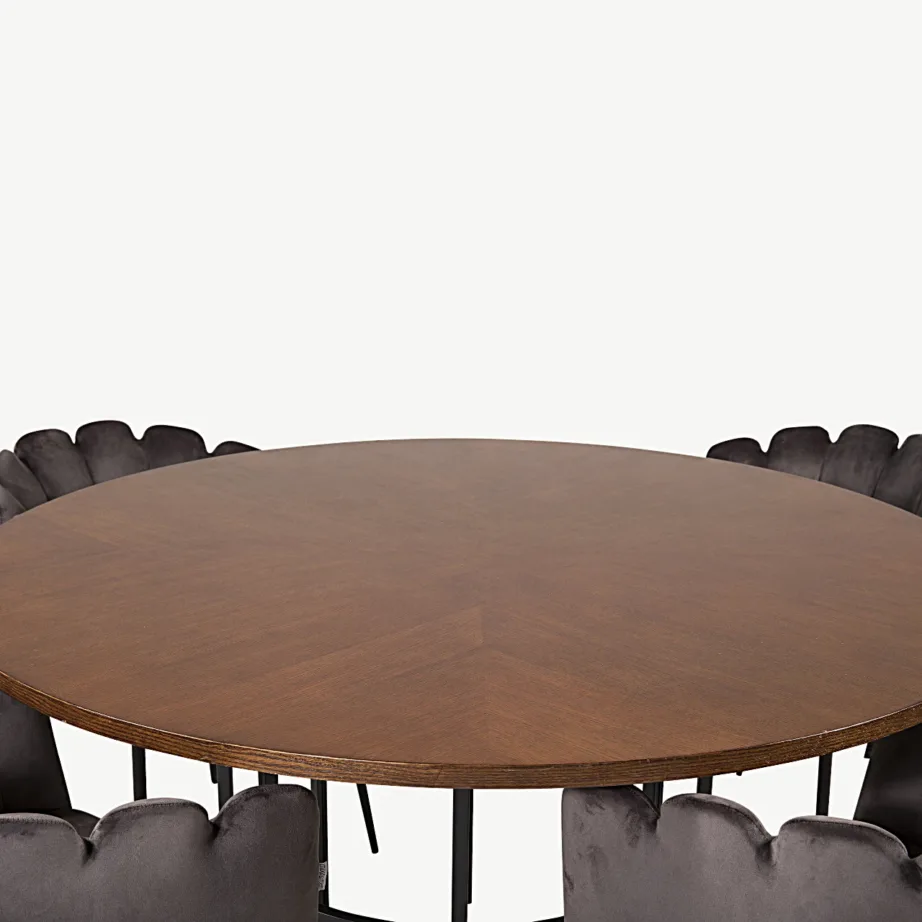 Ümmargune söögilaud Copenhagen koos Limhamn sametist tugitoolidega (pruun laud, hallid toolid, Ø140 cm), GR19324 – 2