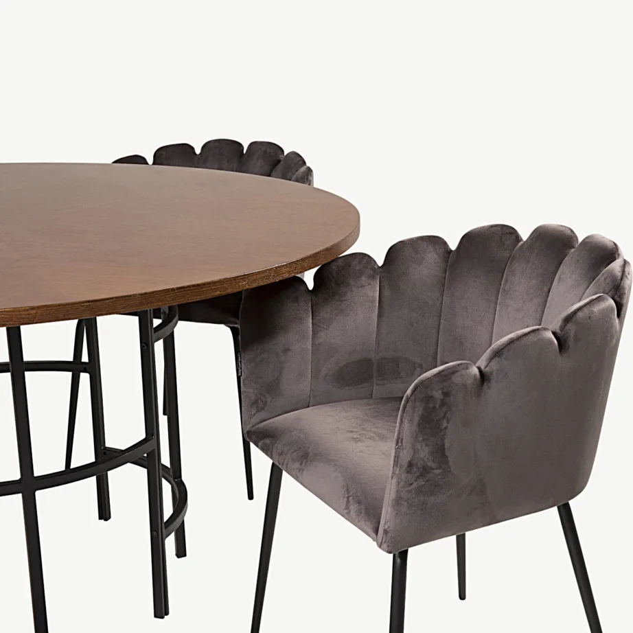 Ümmargune söögilaud Copenhagen koos Limhamn sametist tugitoolidega (pruun laud, hallid toolid, Ø140 cm), GR19324 – 3