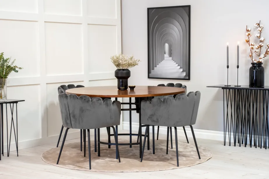 Ümmargune söögilaud Copenhagen koos Limhamn sametist tugitoolidega (pruun laud, hallid toolid, Ø140 cm), GR19324 – 4