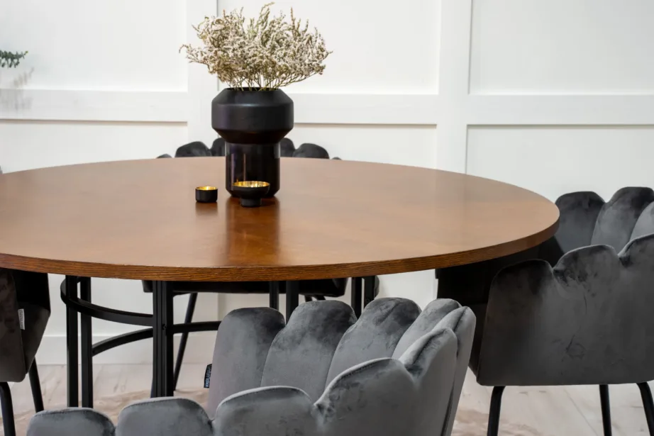 Ümmargune söögilaud Copenhagen koos Limhamn sametist tugitoolidega (pruun laud, hallid toolid, Ø140 cm), GR19324 – 8