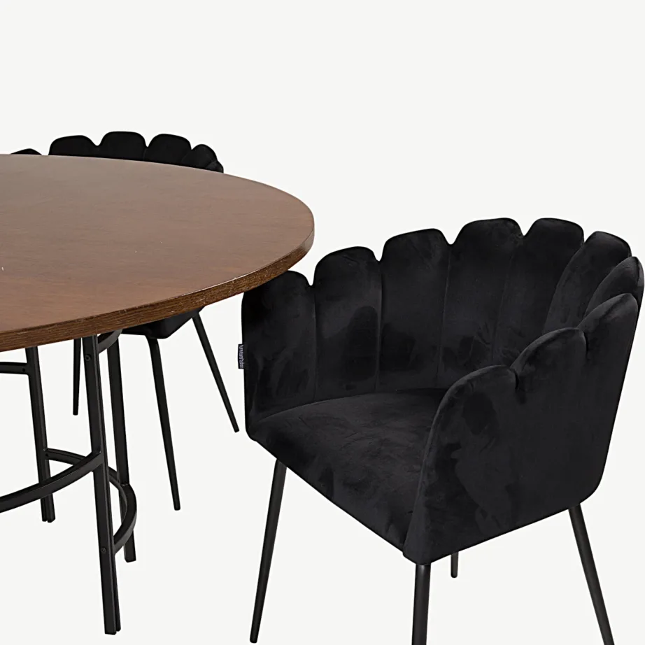 Copenhagen ümmargune söögilauakomplekt pruuni viimistlusega, mustade sametist Limhamn toolidega, GR19326 – 3