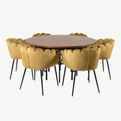 Ümmargune söögilauakomplekt Copenhagen pruuni laua ja sametist kollaste Limhamn toolidega - GR19330