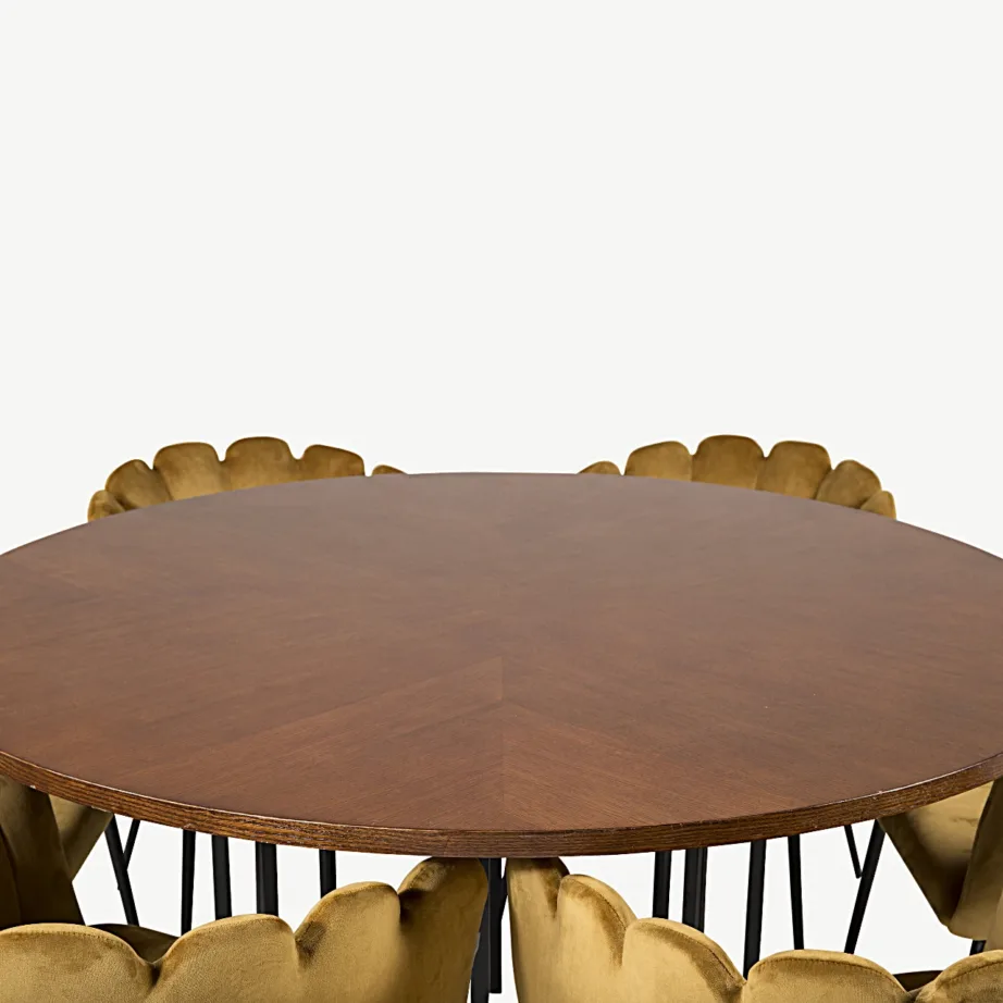 Ümmargune söögilauakomplekt Copenhagen pruuni laua ja sametist kollaste Limhamn toolidega, GR19330 – 2