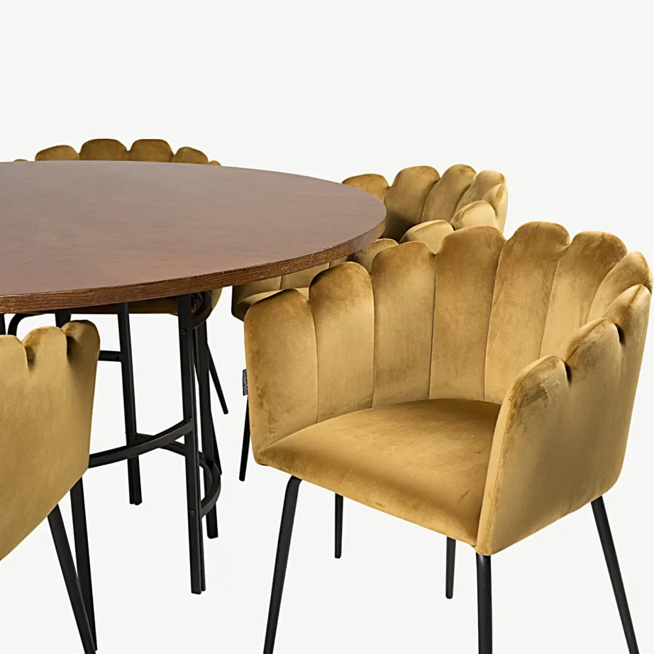 Ümmargune söögilauakomplekt Copenhagen pruuni laua ja sametist kollaste Limhamn toolidega, GR19330 – 3