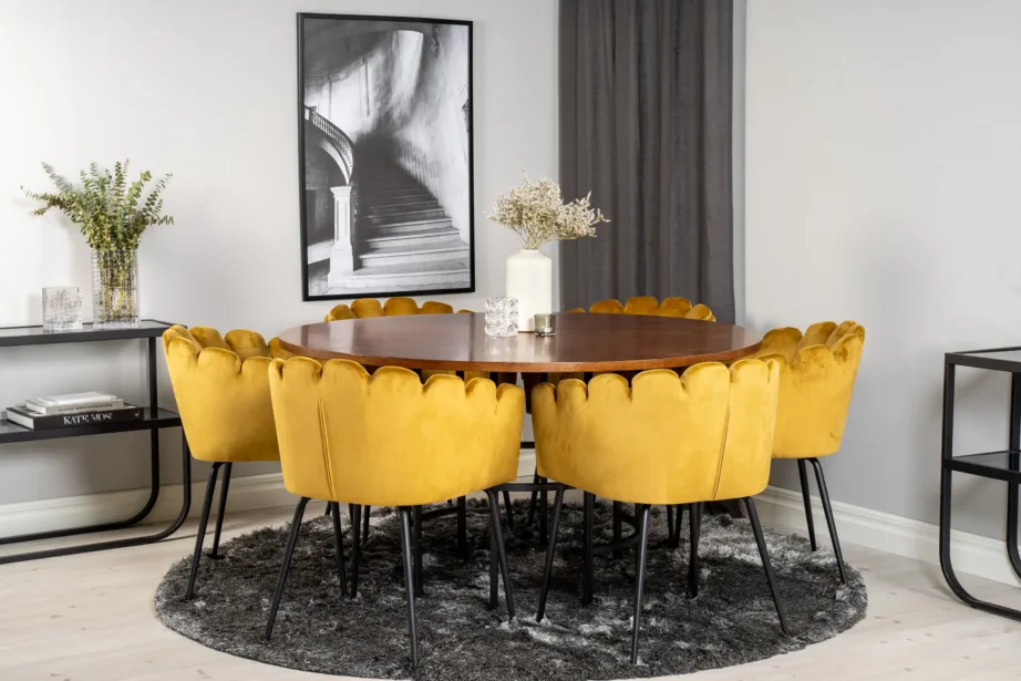 Ümmargune söögilauakomplekt Copenhagen pruuni laua ja sametist kollaste Limhamn toolidega, GR19330 – 4