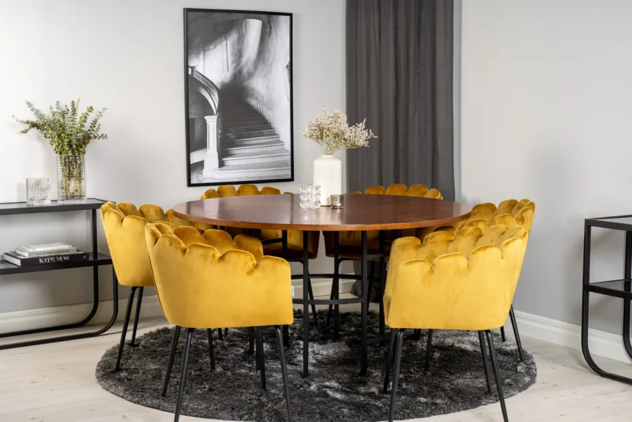 Ümmargune söögilauakomplekt Copenhagen pruuni laua ja sametist kollaste Limhamn toolidega, GR19330 – 5