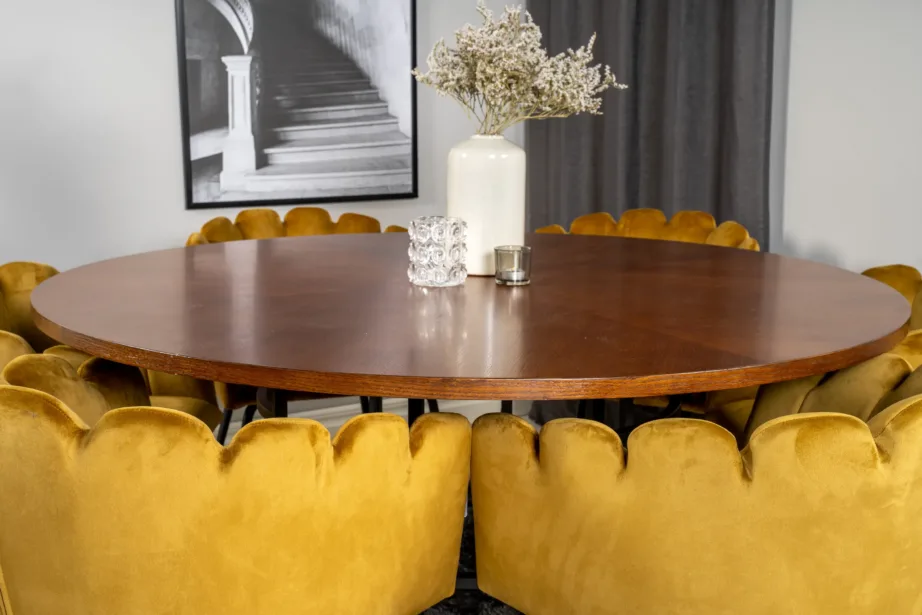 Ümmargune söögilauakomplekt Copenhagen pruuni laua ja sametist kollaste Limhamn toolidega, GR19330 – 6