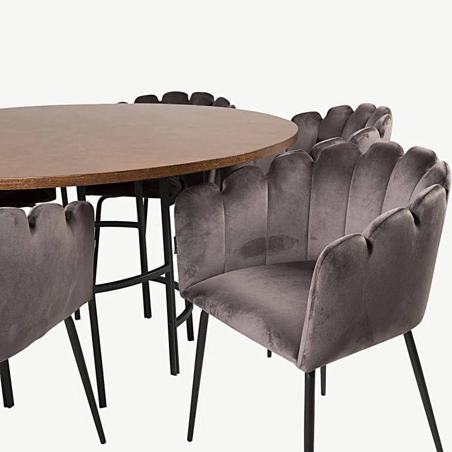 Copenhagen ümmargune söögilaud pruuni spoonkattega ja Limhamn hallid sametist söögitoolid (metalljalad), GR19331 – 2