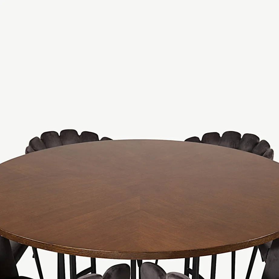 Copenhagen ümmargune söögilaud pruuni spoonkattega ja Limhamn hallid sametist söögitoolid (metalljalad), GR19331 – 3