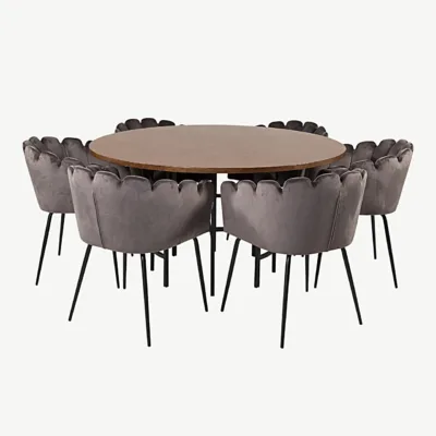 Copenhagen ümmargune söögilaud pruuni spoonkattega ja Limhamn hallid sametist söögitoolid (metalljalad) - GR19331