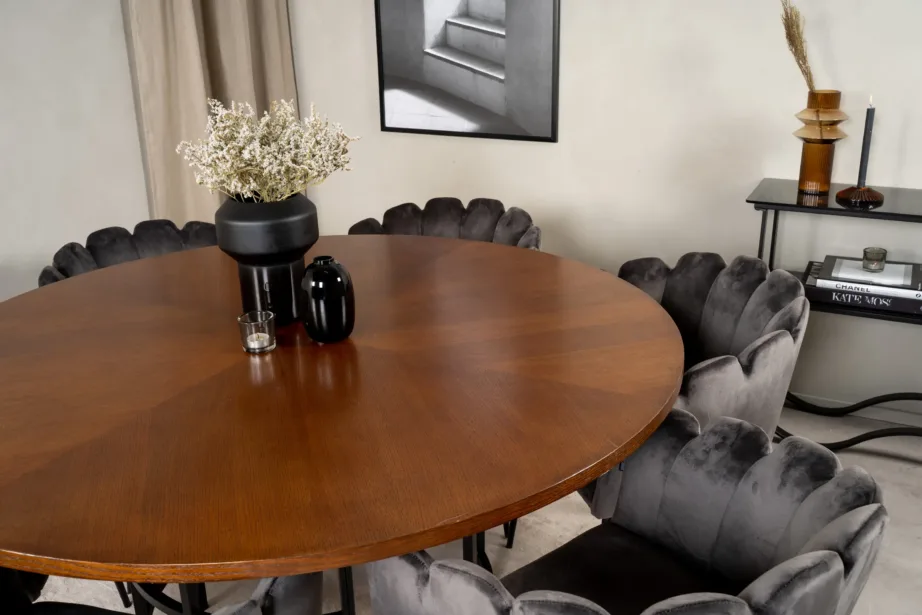 Copenhagen ümmargune söögilaud pruuni spoonkattega ja Limhamn hallid sametist söögitoolid (metalljalad), GR19331 – 5