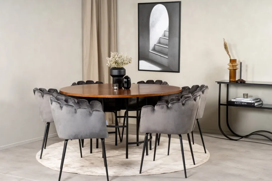Copenhagen ümmargune söögilaud pruuni spoonkattega ja Limhamn hallid sametist söögitoolid (metalljalad), GR19331 – 6