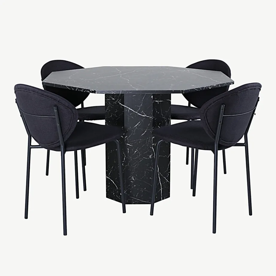 Marbs kaheksanurkne must marmormustriga söögilaud ja 4 musta metallraamiga tooli, GR22119