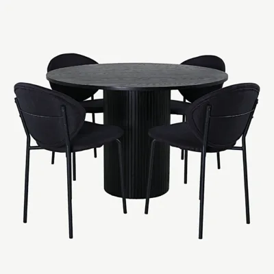 Bianca ümmargune söögilauakomplekt musta tammevineeriga ja Vault toolidega (must polüester, terasraam) - GR22233