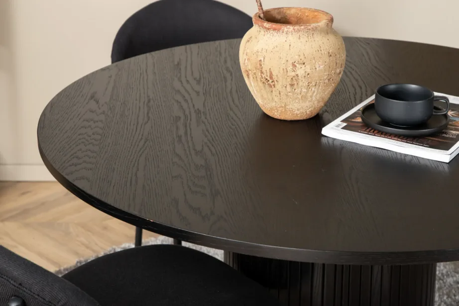 Bianca ümmargune söögilauakomplekt musta tammevineeriga ja Vault toolidega (must polüester, terasraam), GR22233 – 4