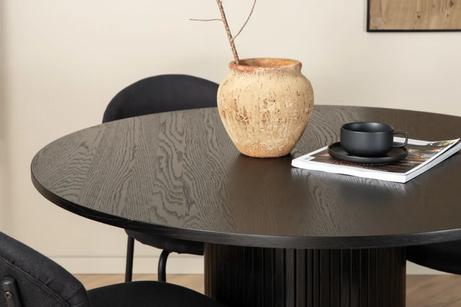 Bianca ümmargune söögilauakomplekt musta tammevineeriga ja Vault toolidega (must polüester, terasraam), GR22233 – 5