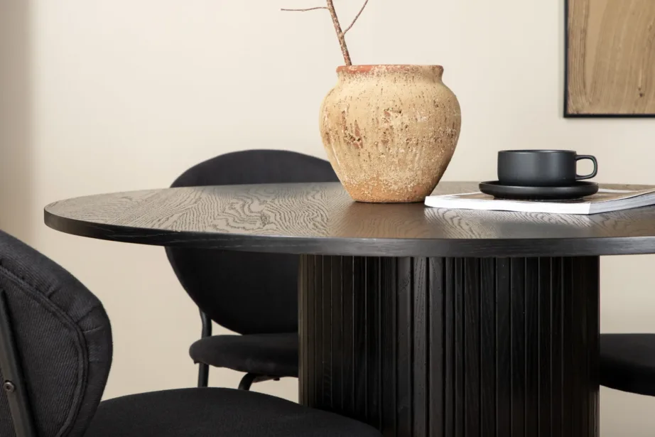 Bianca ümmargune söögilauakomplekt musta tammevineeriga ja Vault toolidega (must polüester, terasraam), GR22233 – 7