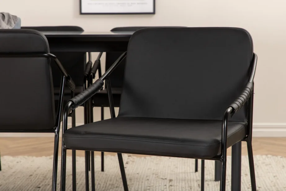 Pelle must ristkülikukujuline söögilaud toolidega (kunstnahk, metallist jalad, 6 kohta), GR22317 – 9