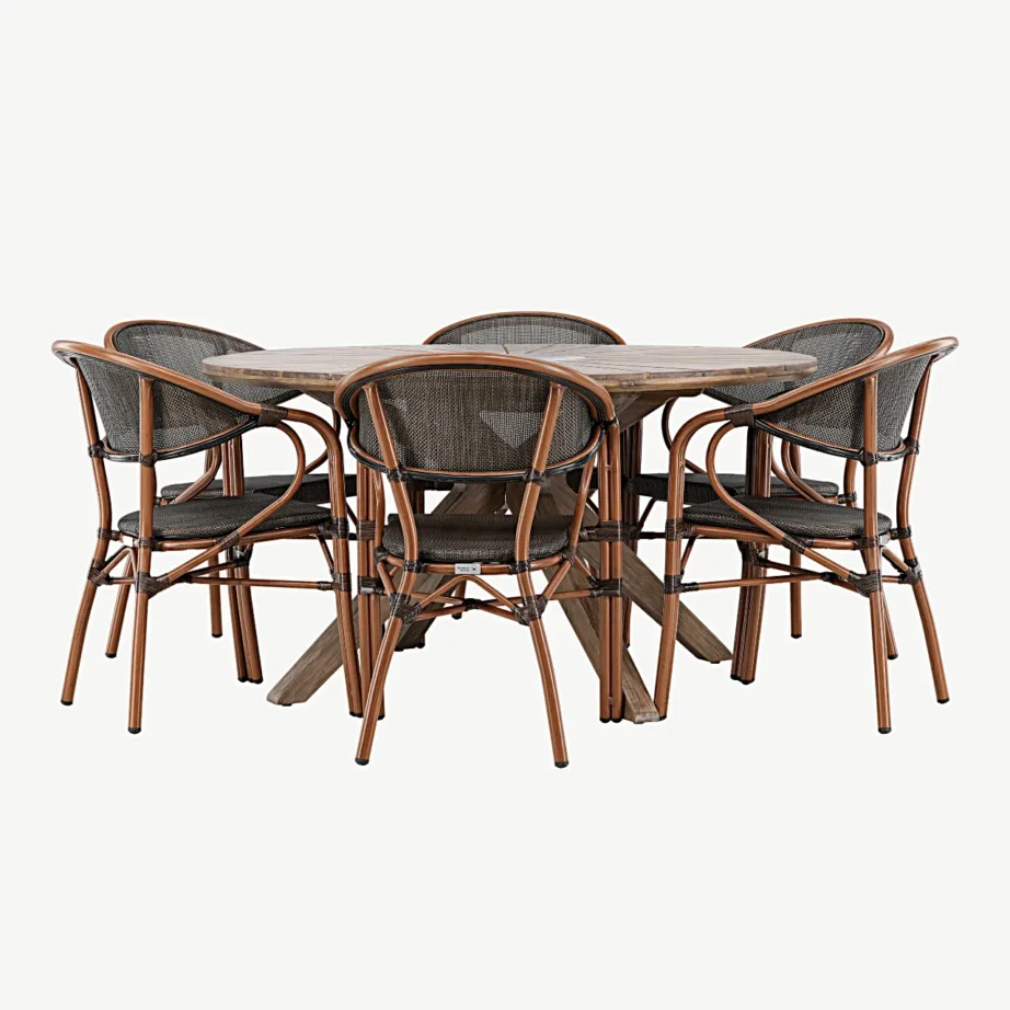 Ümmargune aiamööblikomplekt Rosario (akaatsiapuidust laud, alumiiniumist mustad toolid, Ø140 cm), GR24336 – 6