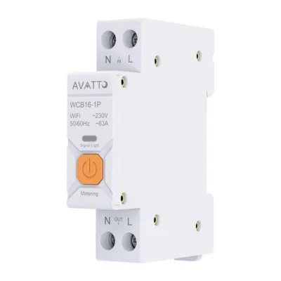 Wi‑Fi nutikaitselüliti energiatarbe mõõtmisega AVATTO WCB16-1P, kuni 63 A, 90–240 V AC, DIN-liistule, Tuya Smart/Smart