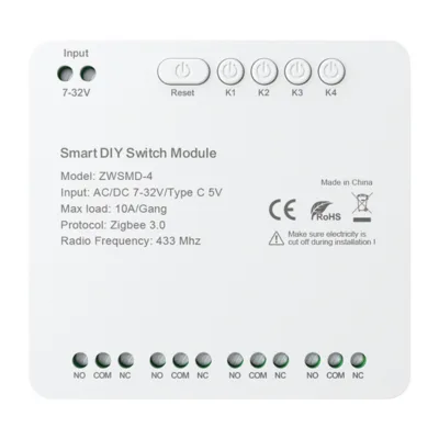 4‑kanaline ZigBee lülitusmoodul pingevaba kontaktiga madalpingele kuni 32 V DC AVATTO ZWSMMD-4-32V, 10 A/kanal, ZigBee