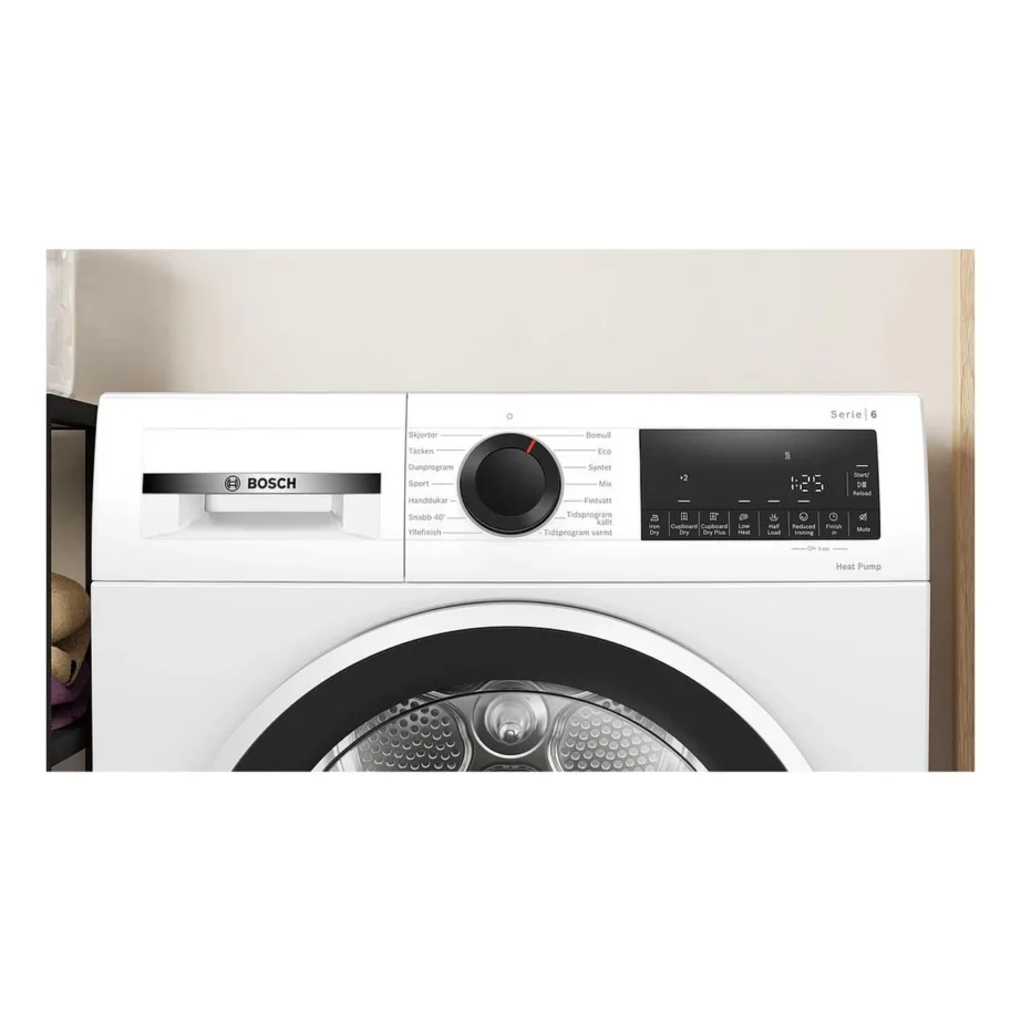 9 kg soojuspumba kondentskuivati Bosch WQG2420ISN, A++ (uus klass D), vaba paigaldus, inverter-mootor, 62 dB, trumli valgustus, otsevoolu äravool, 60x85x64.8 cm, valge – 2