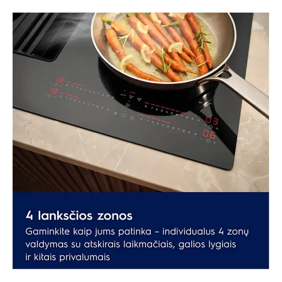 Integreeritav induktsioonpliidiplaat sisseehitatud õhupuhastiga ELECTROLUX ECC8344, 80 cm, 4 tsooni, Bridge-funktsioon, 7350 W, recirkulatsioon või väljatõmme, klaaskeraamiline, puutejuhtimine, must – 9