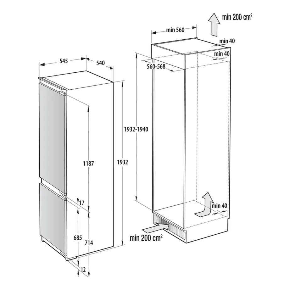 Integreeritav NoFrost külmik sügavkülmaga WiFi-ga Gorenje NRKI519E82WF, 60 cm, 208/76 L, E-kl, inverterkompressor, 35 dB, uks-uksele paigaldus, valge – 2