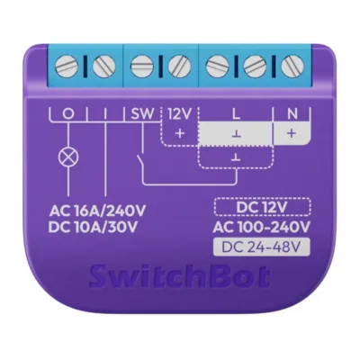 Potentsiaalivaba nutilüliti Matteri ja Wi‑Fi+BLE repiiteriga SwitchBot Relay Switch 1, AC 100–240 V 16 A, DC 12/24–48 V