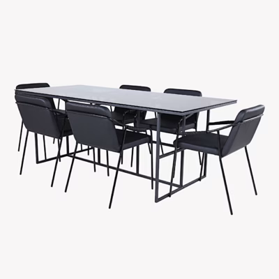 Leif suitsumusta klaasplaadiga söögilaud ja mustast kunstnahast toolid, GR22137