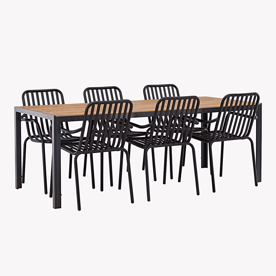 Break ristkülikukujuline aiamööbli komplekt – laud ja 6 musta alumiiniumist tooli puitplastkomposiidi plaadiga, GR23353 – 6