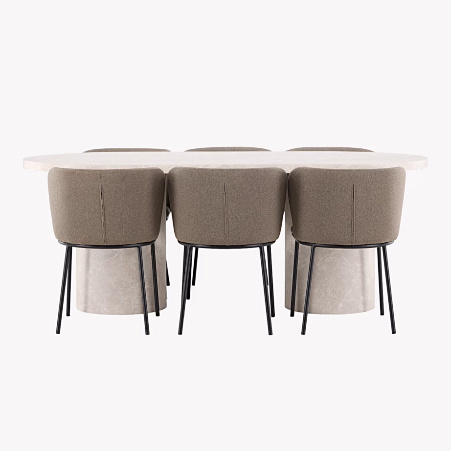 Beežist marmori mustriga söögilaud Narvik ja 6 pruuni linase kattega Edina tooli, GR24708