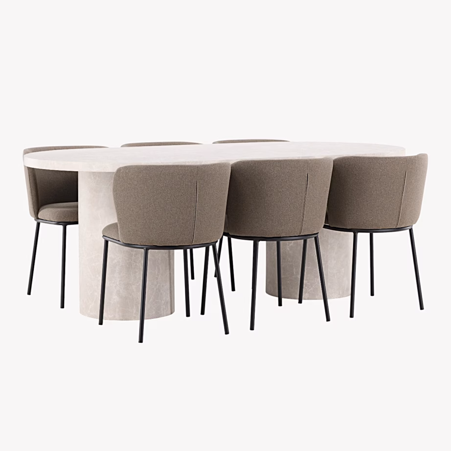 Beežist marmori mustriga söögilaud Narvik ja 6 pruuni linase kattega Edina tooli, GR24708 – 6