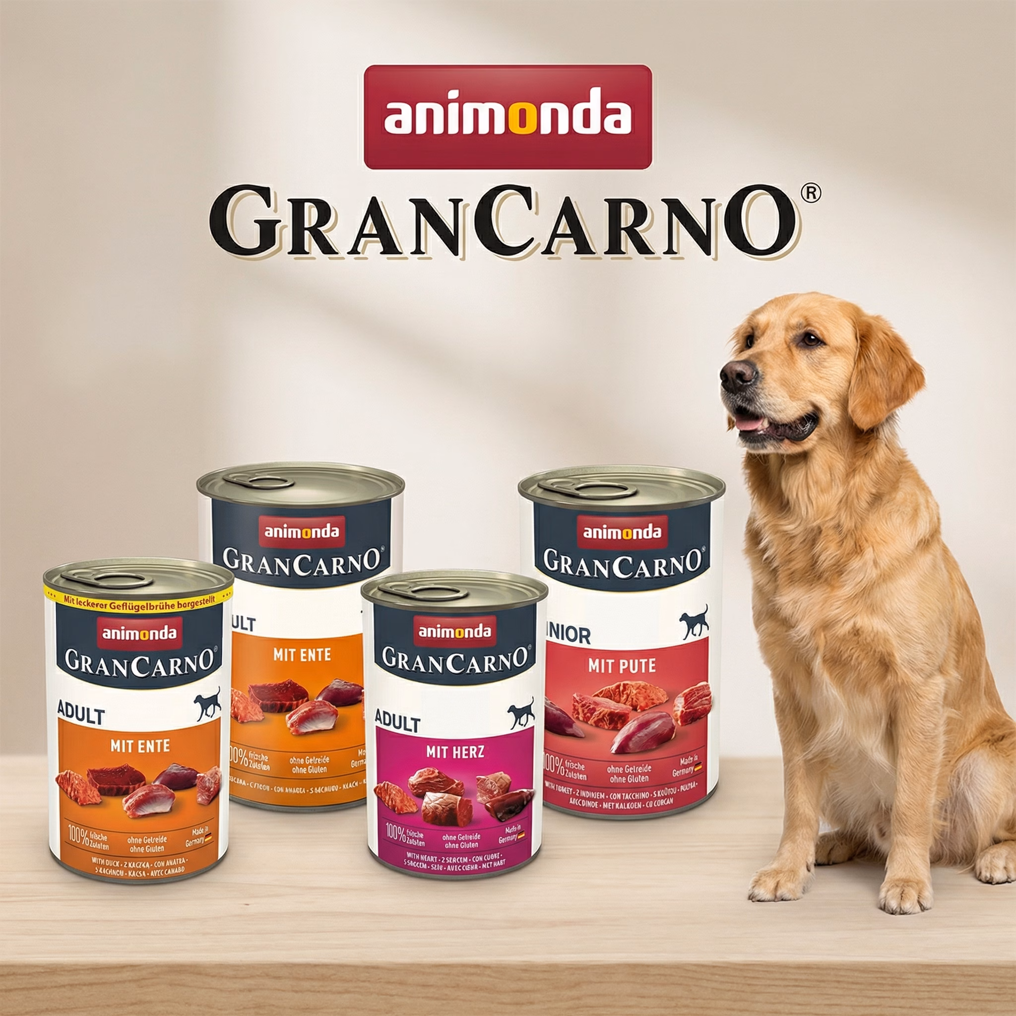 Animonda GranCarno koeratoidu seeria pilt koos logo, toodete ja koeraga