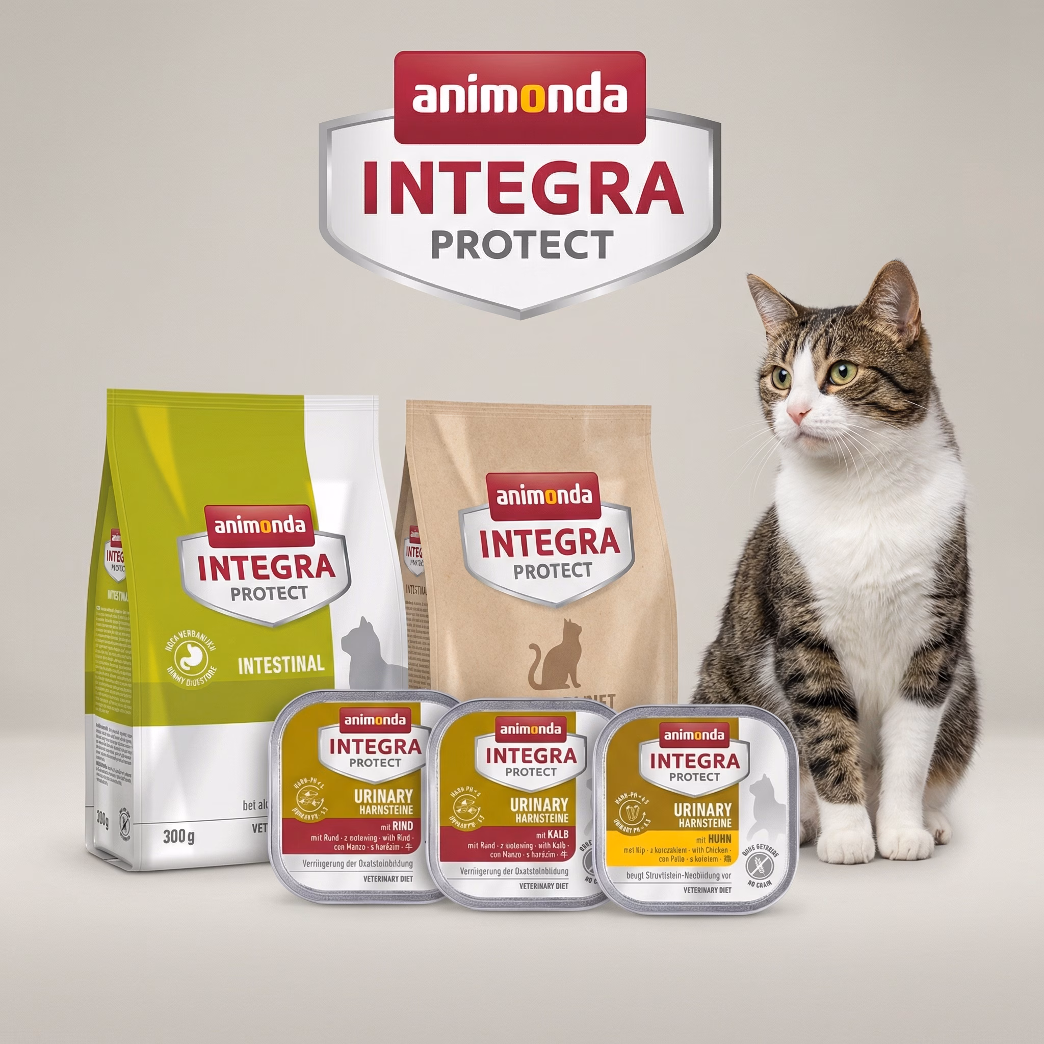 Animonda Integra Protect kassitoidu seeria pilt koos logo, toodete ja kassiga