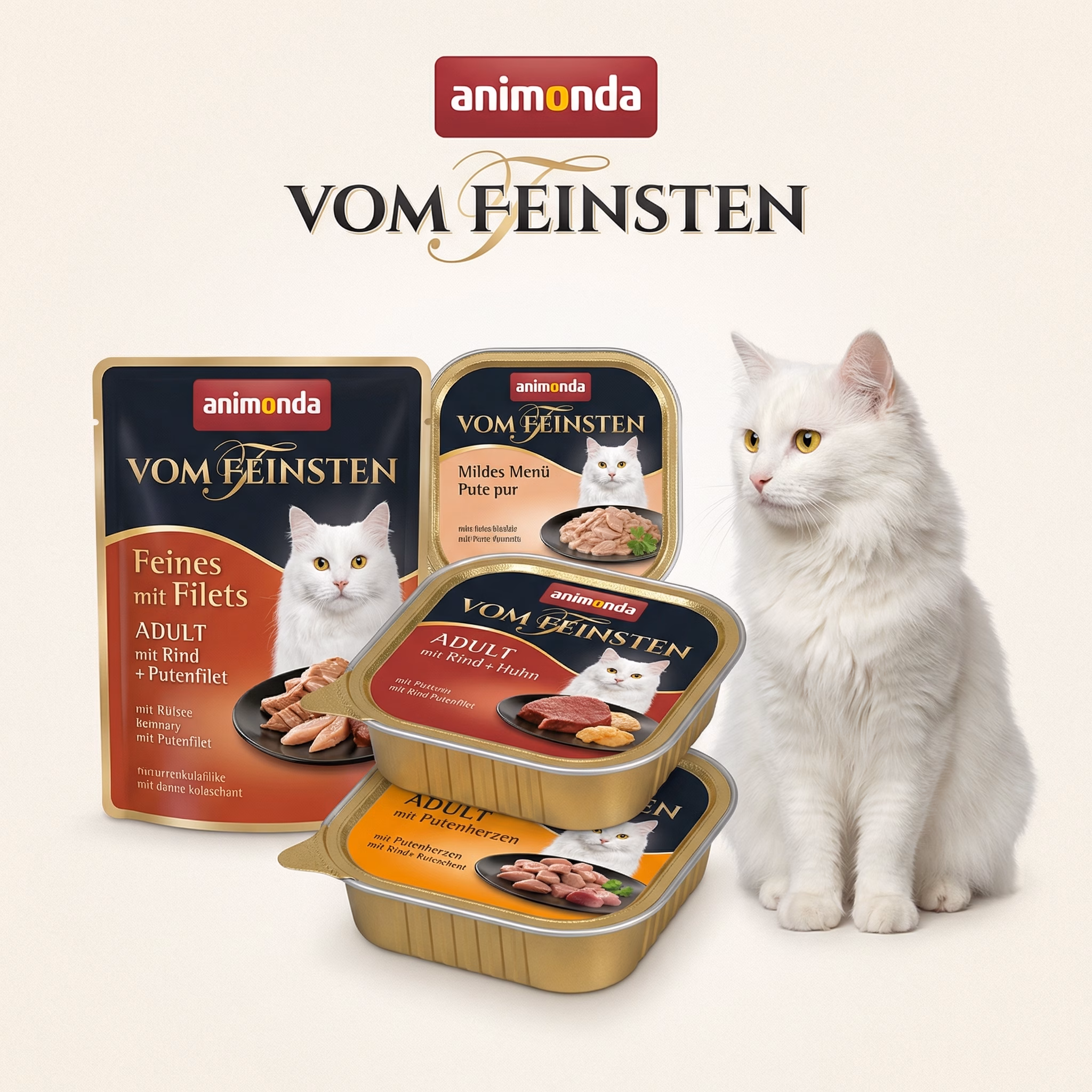 Animonda Vom Feinsten kassitoidu seeria pilt koos logo, toodete ja kassiga