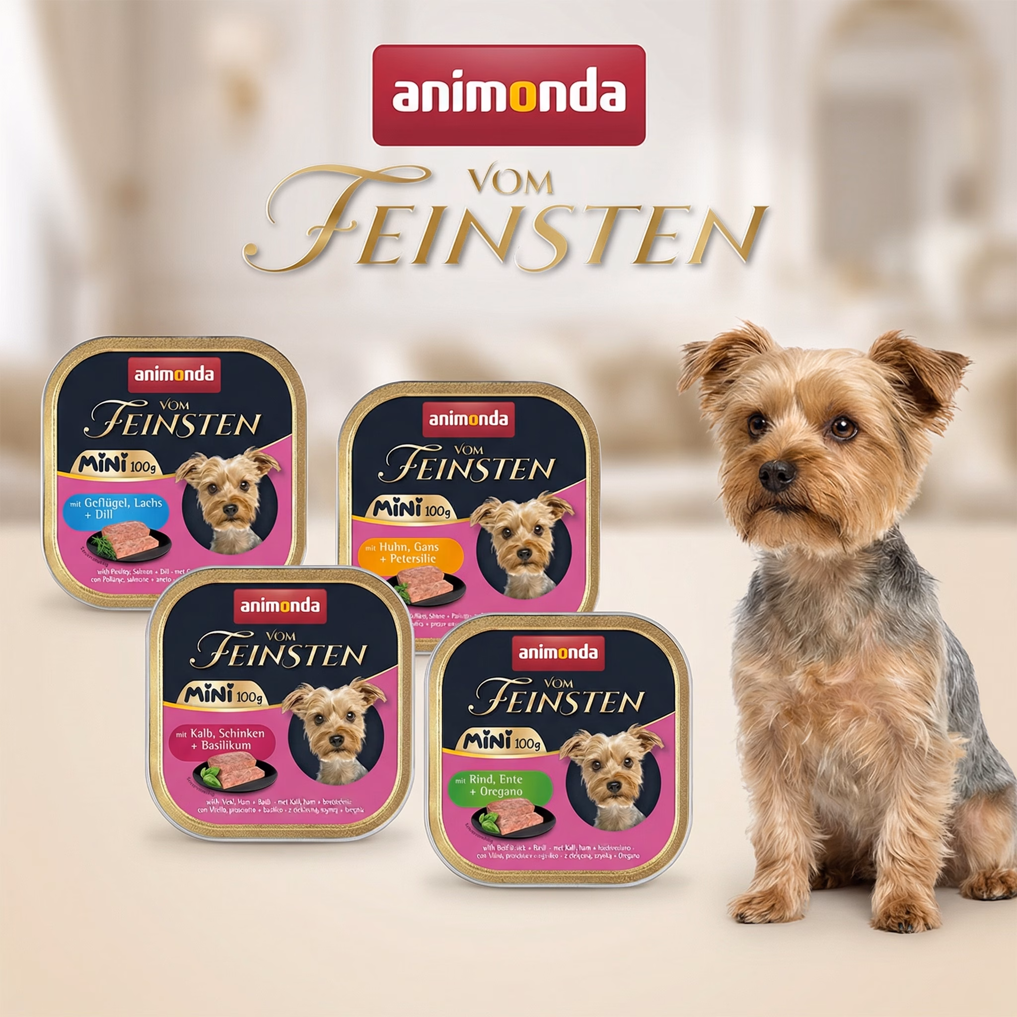 Animonda Vom Feinsten koeratoidu seeria pilt koos logo, toodete ja koeraga