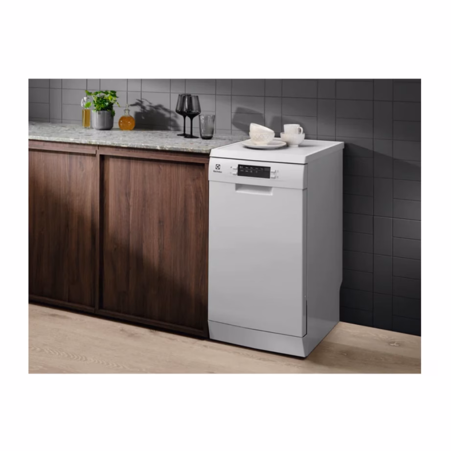 Kitsas vabaltseisev nõudepesumasin SatelliteClean ja AirDry funktsiooniga ELECTROLUX ESS42220SW, 45 cm, 9 nõudekomplekti, klass E, 9,9 l, 46 dB, 8 programmi, roostevaba sisekorpus, valge – 6