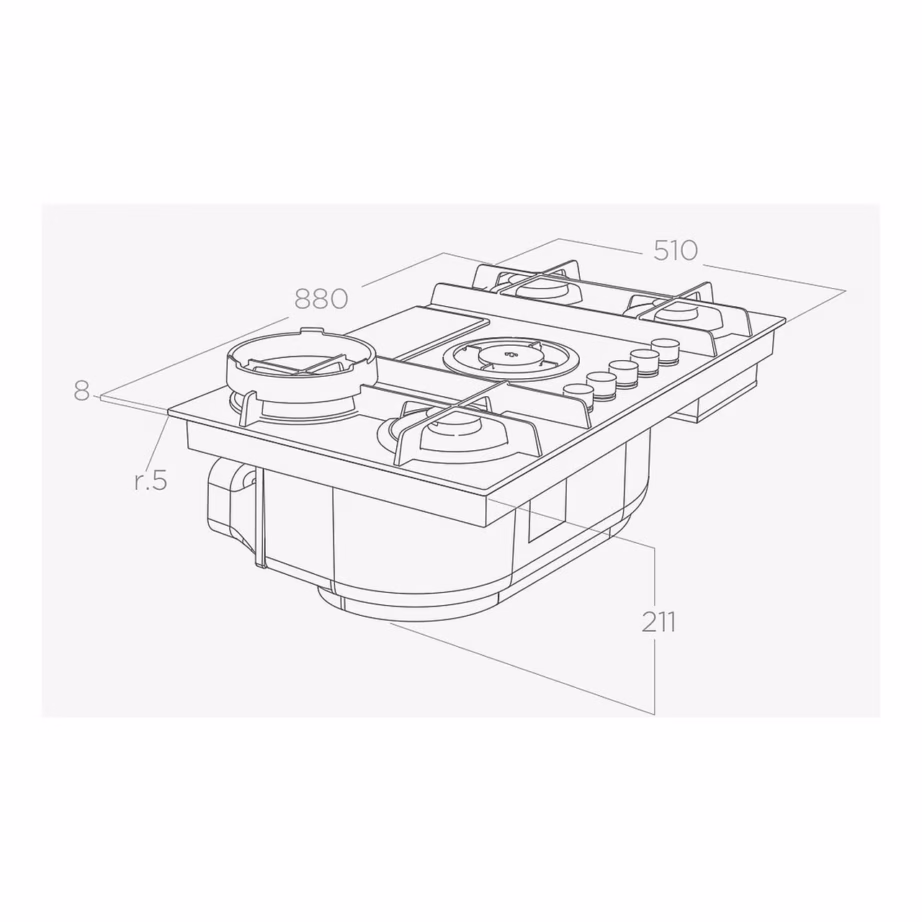 Integreeritav gaasipliidiplaat koos õhupuhastiga ELICA NikolaTesla Flame Evo GR/A/88, 88 cm, 4 gaasipõletit, WOK-põleti, karastatud klaas, hall – 2