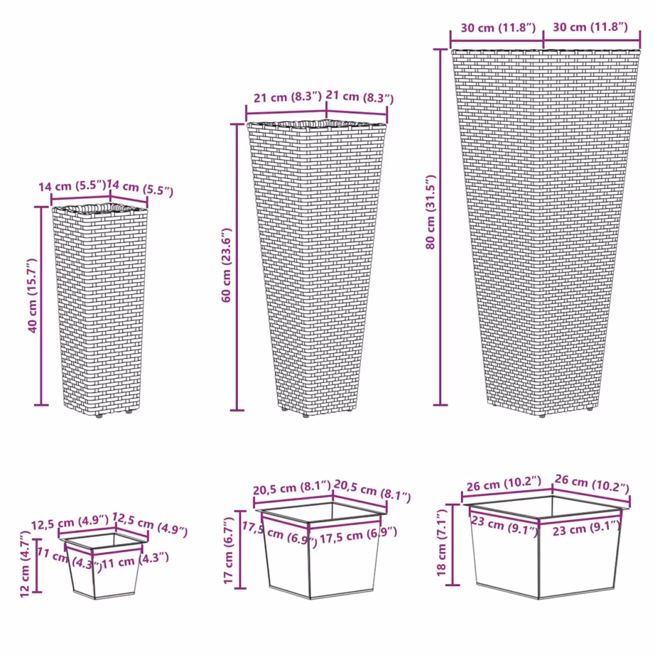 3-osaline must metallist õuetaimekastide komplekt rattanilookiga, 30 x 30 x 80 cm – 10