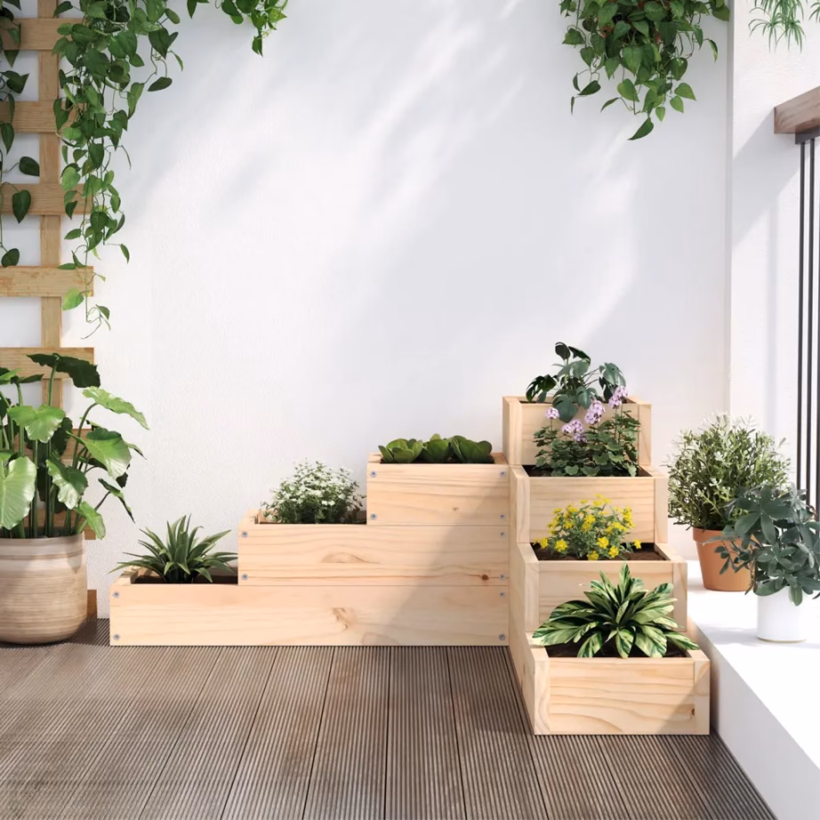4-tasandiline L-kujuline taimekast, töötlemata männipuit, ilma põhjata, 80,5 x 79 x 36 cm – 3