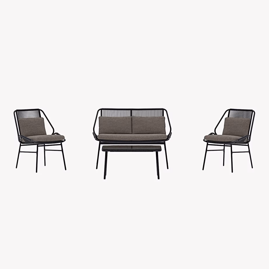 Aiamööbli komplekt Zakynthos diivan, tugitoolid ja laud must beežide patjadega, 9876-100