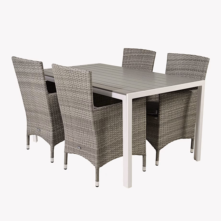 Break & Malin aiasöögikomplekt valge laud, hallid punutud toolid, GR18310 – 2