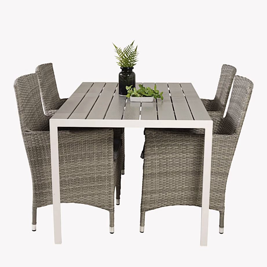 Break & Malin aiasöögikomplekt valge laud, hallid punutud toolid, GR18310 – 3