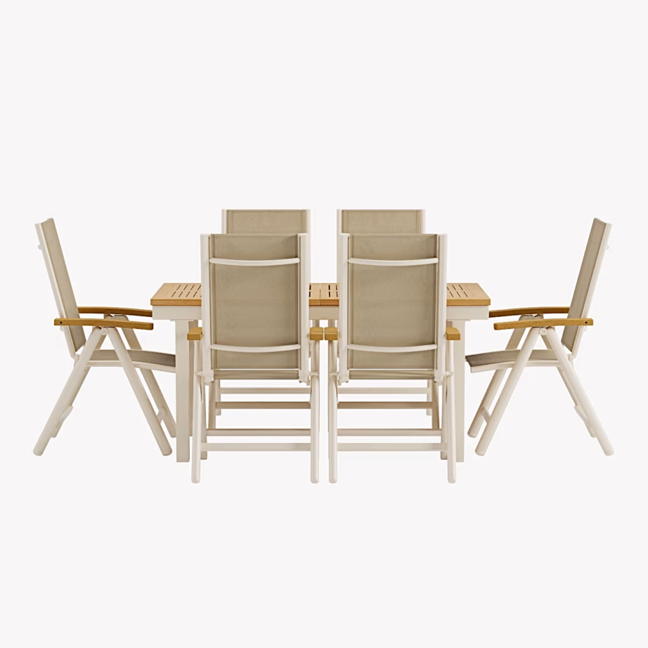 Panama aiasöögikomplekt pikendatava tiigipuust lauaga ja 6 reguleeritava beeži tooliga, GR24935