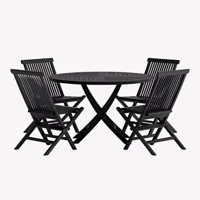 Mustast teakist aiasöögikomplekt Kenya, ümmargune laud ja 4 kokkupandavat tooli - GR24949