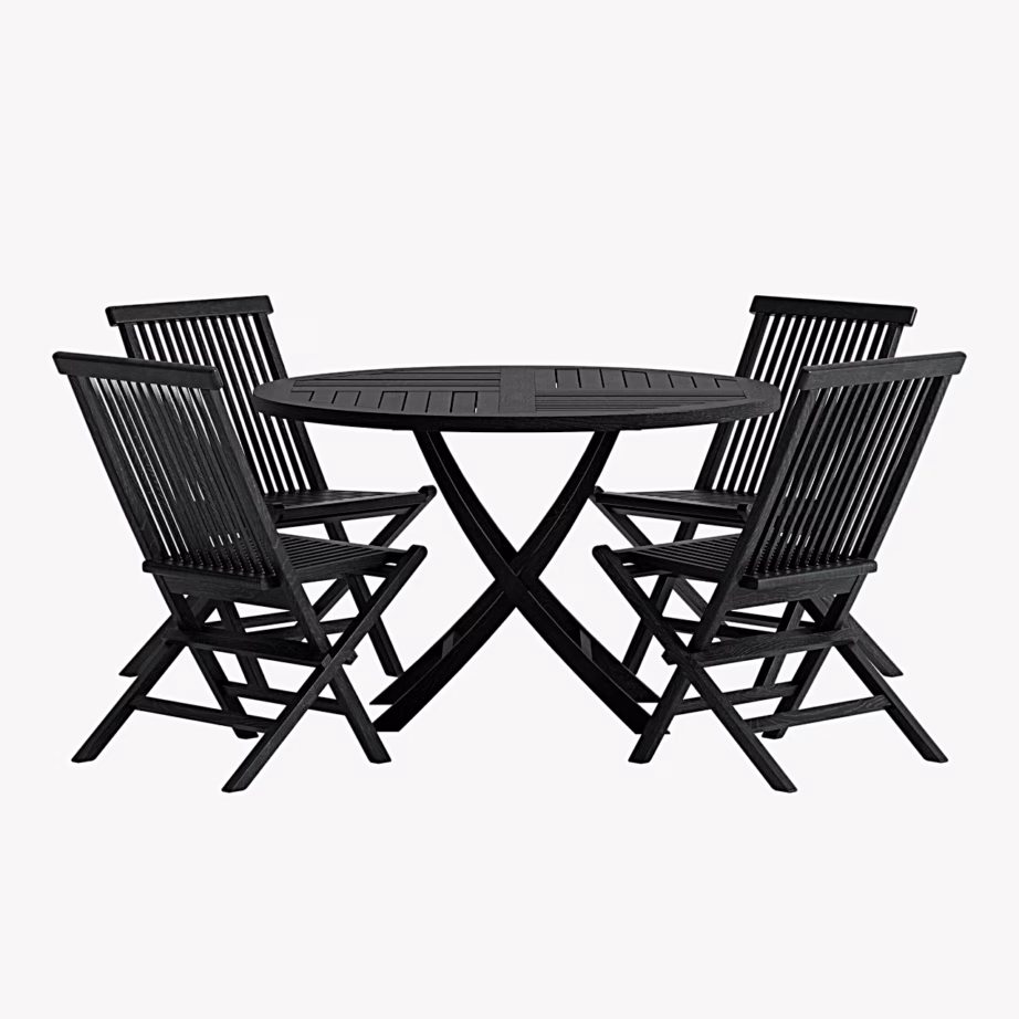 Mustast teakist aiasöögikomplekt Kenya, ümmargune laud ja 4 kokkupandavat tooli, GR24949