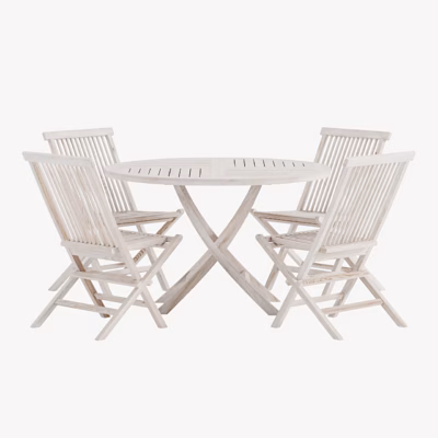 Kenya tiigipuust aiamööblikomplekt, ümar laud ja 4 valge peitsiga tooli - GR24950