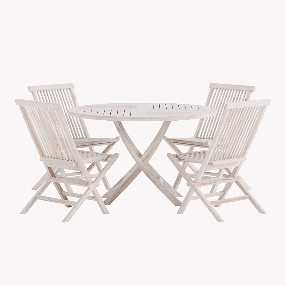 Kenya tiigipuust aiamööblikomplekt, ümar laud ja 4 valge peitsiga tooli, GR24950