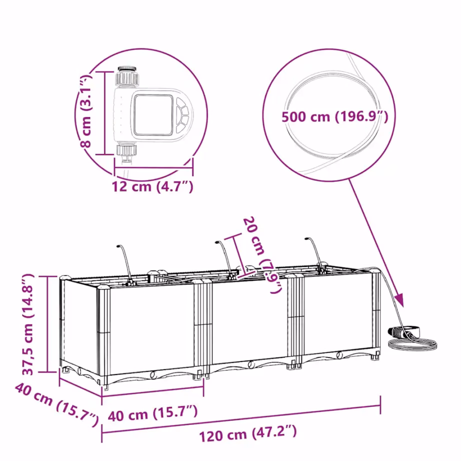 Aia istutuskast 3 sisepotiga, kastmissüsteemiga, pruun teras, 120 x 40 x 37,5 cm – 10